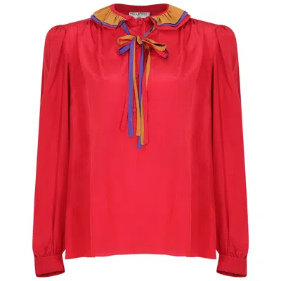 Pre-owned Ted Lapidus 1970s  Silk Red Blouse With Ruffle Collar