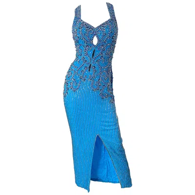 Pre-owned Ted Lapidus 1980s  Size 6 Turquoise Blue Silk Beaded Sequin Vintage 80s Gown