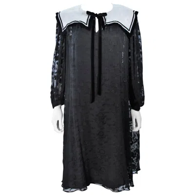 Pre-owned Ted Lapidus Black Sheer Dress With Floral Detail And Velvet Trim Size 6-8