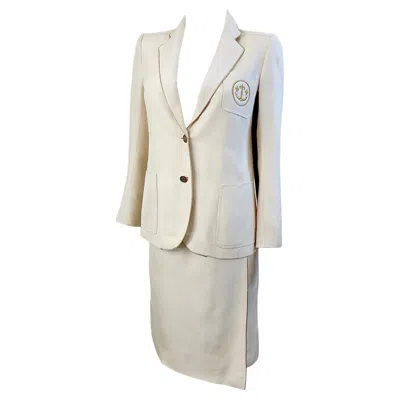 Pre-owned Ted Lapidus Haute Couture 1980s Nautical Ivory Anchor Vintage Silk Skirt Suit In White