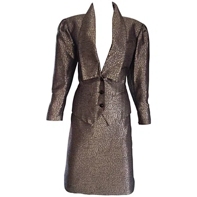 Pre-owned Ted Lapidus Haute Couture Vintage Taupe Bronze Metallic Fitted Skirt Suit Sz 36 In Brown