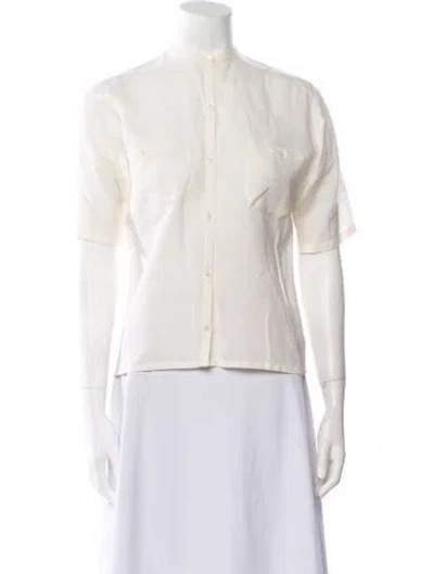 Pre-owned Ted Lapidus Mock Neck Short Sleeve Button-up Top In Neutral