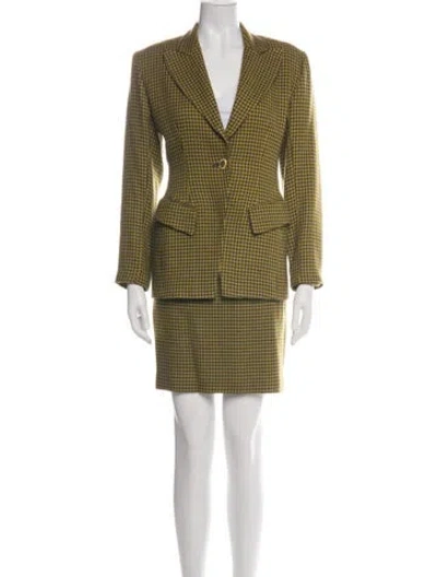 Pre-owned Ted Lapidus Vintage Houndstooth Print Skirt Suit In Green