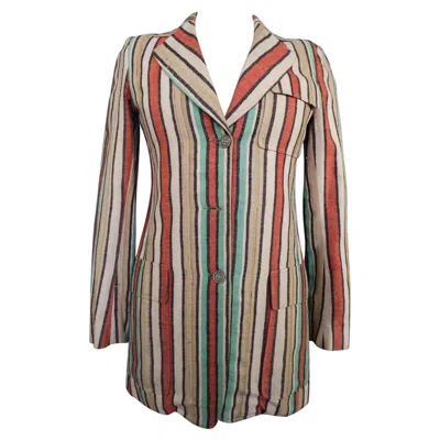 Pre-owned Ted Lapidus Vintage Raw Silk Striped Jacket Circa 1975 Size 40 France In Brown