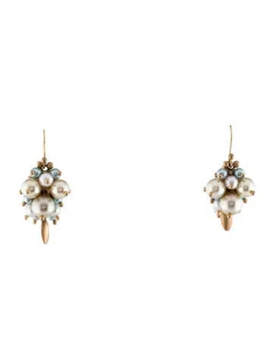 Pre-owned Ted Muehling 10k Pearl Bug Cluster Drop Earrings In Multi