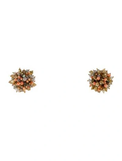 Pre-owned Ted Muehling 14k Diamond, Coral & Shell Cluster Stud Earrings In Multi
