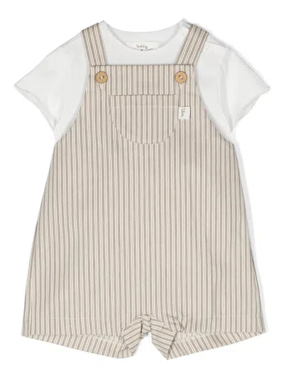 Teddy &amp; Minou Babies' Two Piece Set With Striped Dungarees In Beige In Brown
