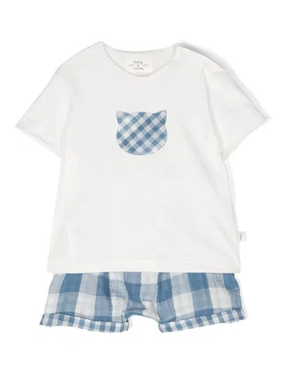 Teddy &amp; Minou Babies' White And Denim Two Piece Set In Printed Gauze In Blue