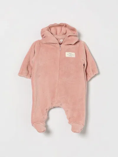 Teddy & Minou Baby Hooded Fleece All-in-one With Feet In Pink