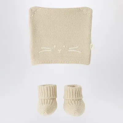 Teddy & Minou Beige Knit Set With Hat And Shoes In Neutral
