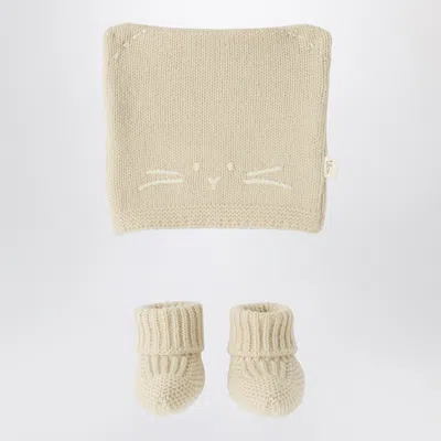Teddy & Minou Beige Knit Set With Hat And Shoes In White