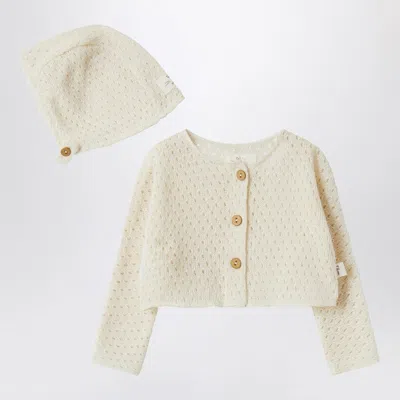 Teddy & Minou Cream-colored Cardigan And Hat In Openwork Knit