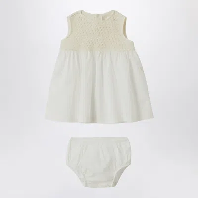 Teddy & Minou Cream-colored Openwork Knit Dress With Voile In White