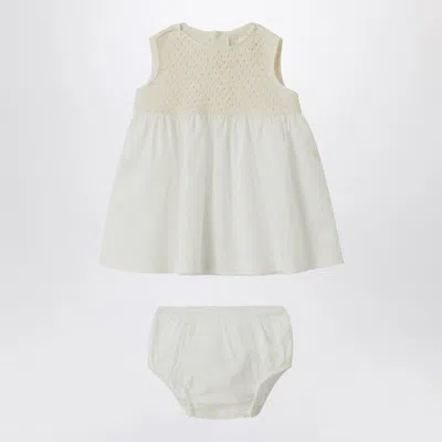 Teddy & Minou Babies' Cream-colored Openwork Knit Dress With Voile In White