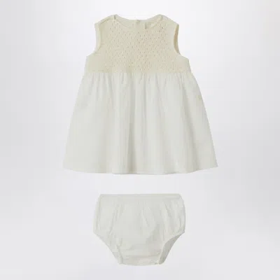 Teddy & Minou Babies'  Cream-colored Openwork Knit Dress With Voile In Neutral