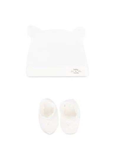 Teddy & Minou Mini Bonnet And Booties Set In White