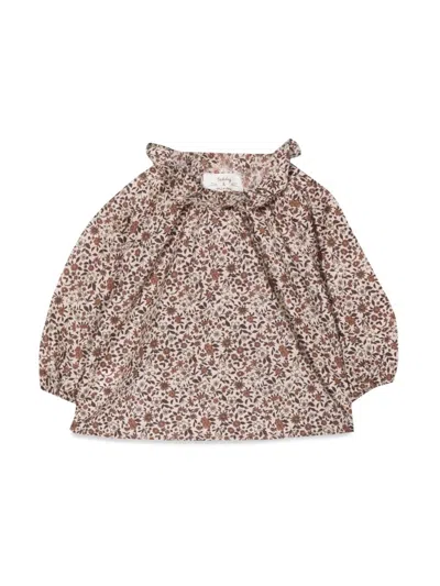 Teddy & Minou Kids'  Mini Floral Long Sleeve Shirt For Girls In Brown