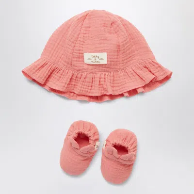 Teddy & Minou Mini Set With Hat And Peony Booties In Pink