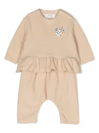 Teddy & Minou Babies' Ribbed-knit Ruffle-hem Trousers Set In Neutrals