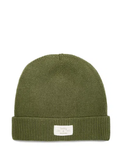 Teddy & Minou Babies' Ribbed Logo-patch Beanie Hat In Green