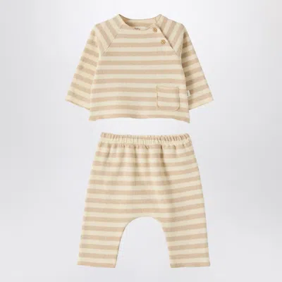 Teddy & Minou Two-piece Beige Striped Knit Set For Mini Styling In Brown