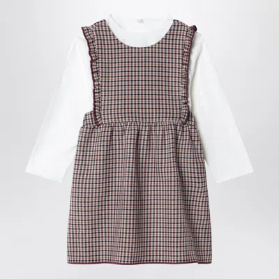 Teddy & Minou Unisex Mini Check Motif Cotton Dress With Square Bib & Cross-back Straps In Brown