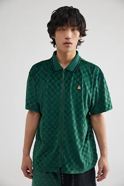 Teddy Fresh Checked Out Velour Zip Polo Shirt Top In Dark Green At Urban Outfitters