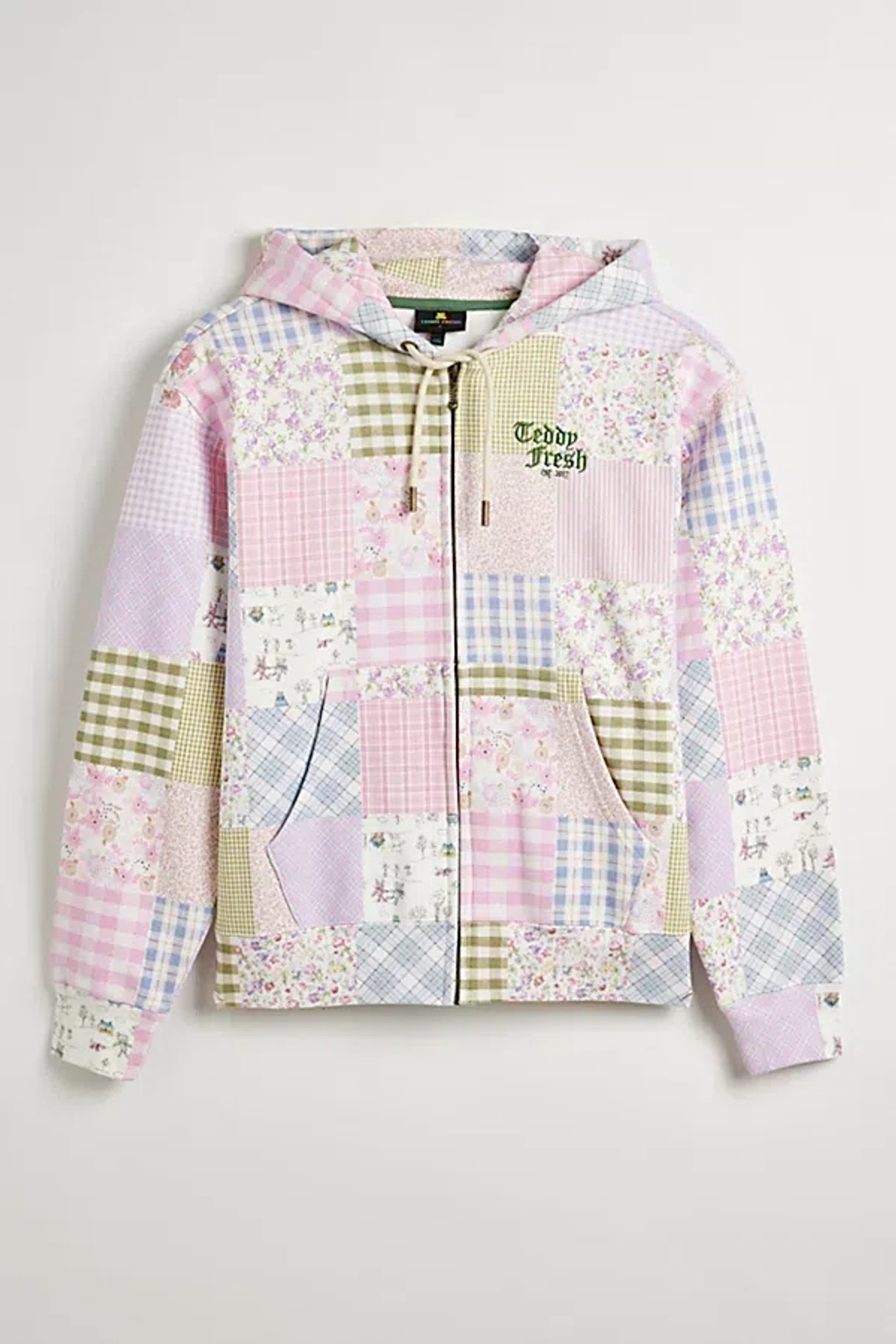 patchwork teddy hoodie multicolor Teddy Fresh Quilt Print Full-zip Hoodie Sweatshirt At Urban