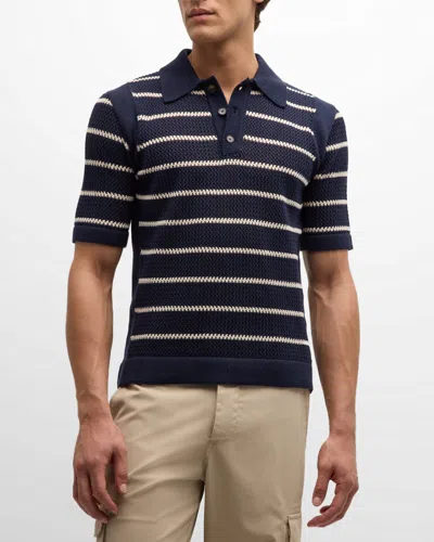 Teddy Vonranson Men's Openwork Striped Polo Shirt In Navy/cream