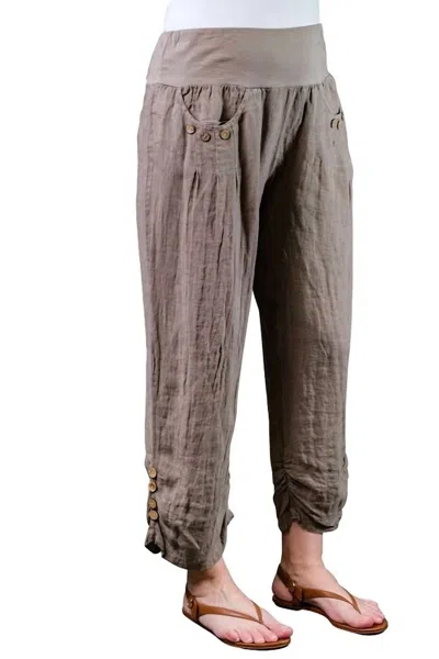 Tees By Tina Georgia Side Ruche Linen Pant In Taupe In Gray
