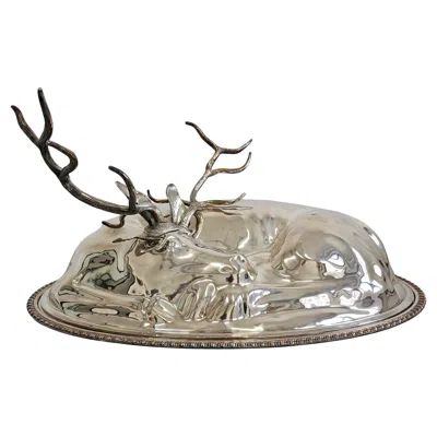 Pre-owned Teghini Monumental Silver Plated Covered Serving Platter Resting Stag By  Firenze