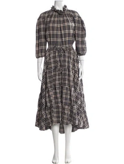 Pre-owned Teija Plaid Print Long Dress In Blue