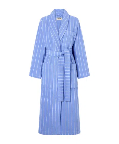 Tekla Belted Striped Cotton-terry Robe In Blue