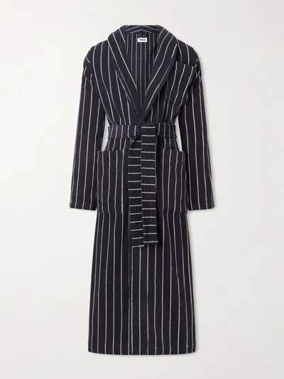 Tekla Belted Striped Organic Cotton-terry Robe In Black