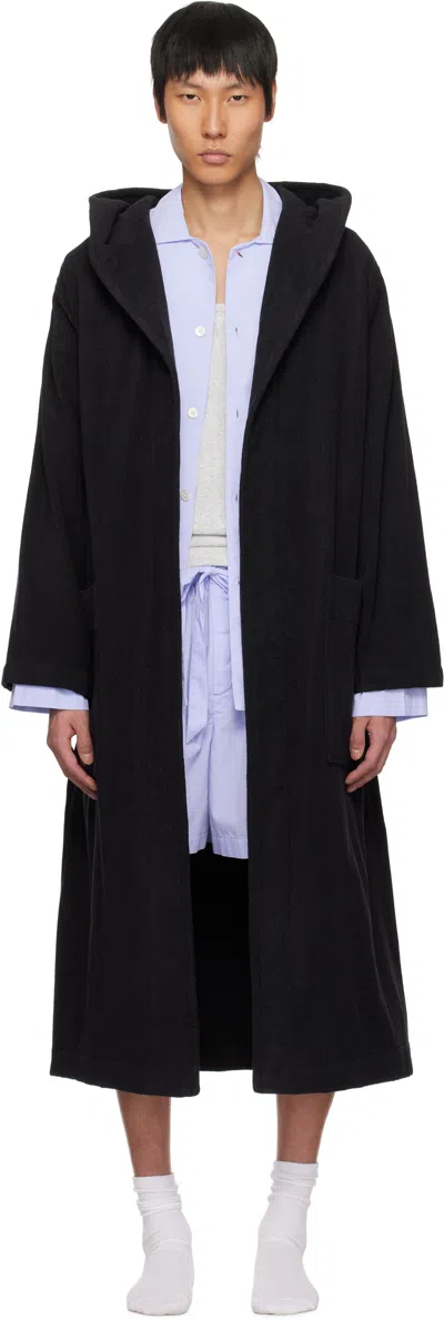 Tekla Black Terry Hooded Bathrobe In Black - Solid
