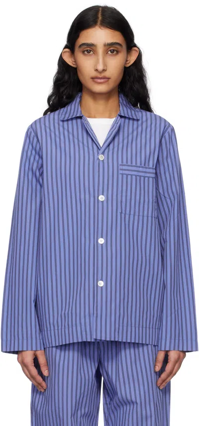 Tekla Blue & Black Poplin Long-sleeved Pyjama Shirt In Boro Stripes