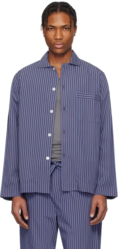 Tekla Blue & Brown Poplin Long-sleeved Pyjama Shirt In Verneuil Stripes