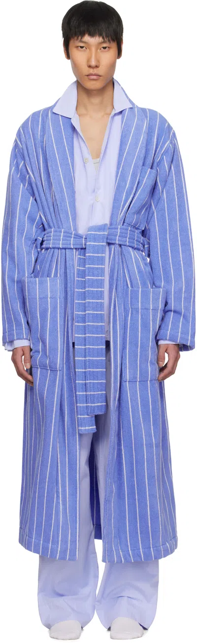 Tekla Blue & White Terry Classic Bathrobe In Marseille - Stripes