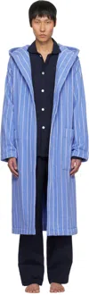 Tekla Blue & White Terry Hooded Bathrobe In Marseille - Stripes