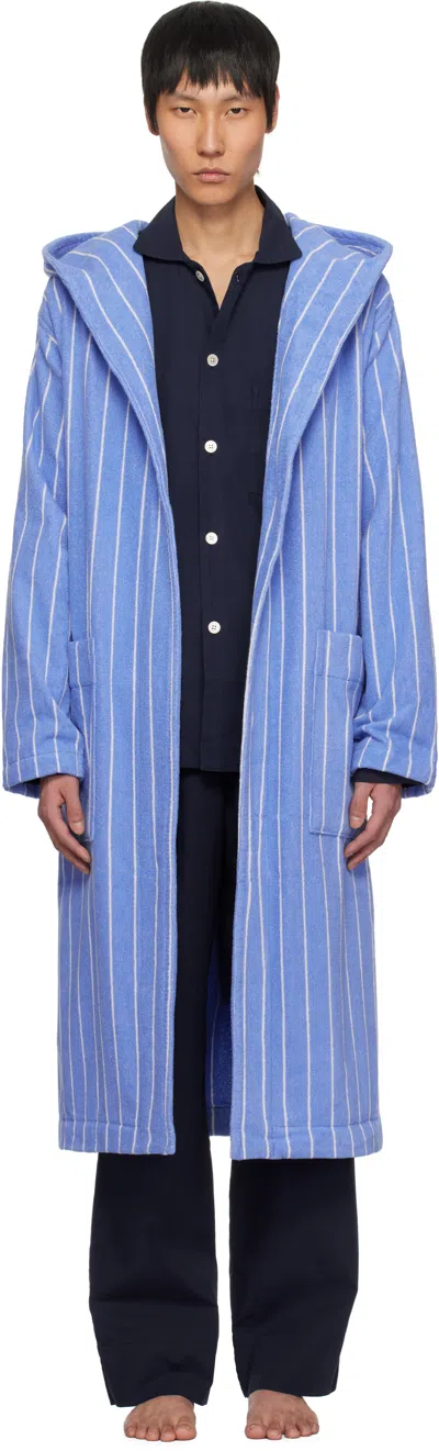 Tekla Blue & White Terry Hooded Bathrobe In Marseille - Stripes