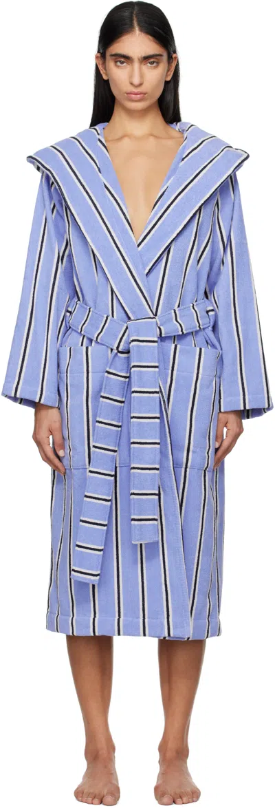 Tekla Blue Terry Hooded Bathrobe In Basset Stripes