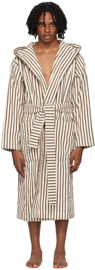 Tekla Brown & Off-white Hooded Bathrobe In Kodiak Stripes
