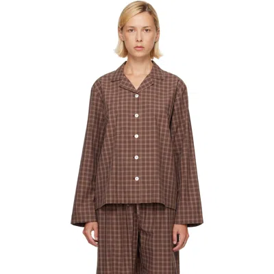 Tekla Brown Fine Twill Long-sleeved Pyjama Shirt In Serra Checks