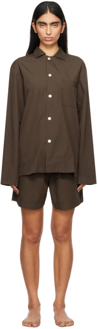 Tekla Brown Long Sleeve Pyjama Shirt In Coffee