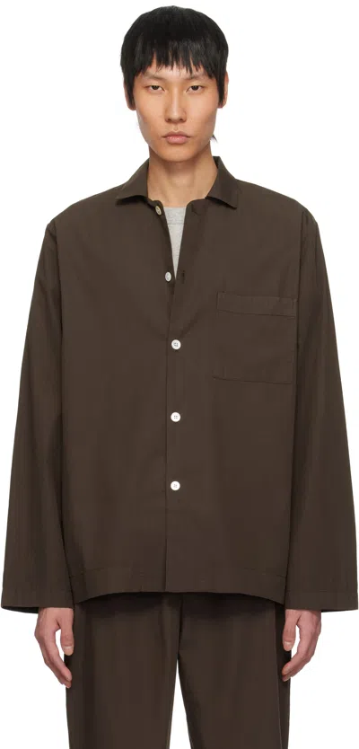 Tekla Brown Poplin Long-sleeved Pyjama Shirt In Coffee