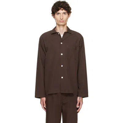 Tekla Brown Poplin Long-sleeved Pyjama Shirt In 137-coffee