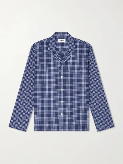 Tekla Camp-collar Checked Organic Cotton Pyjama Shirt In Blue