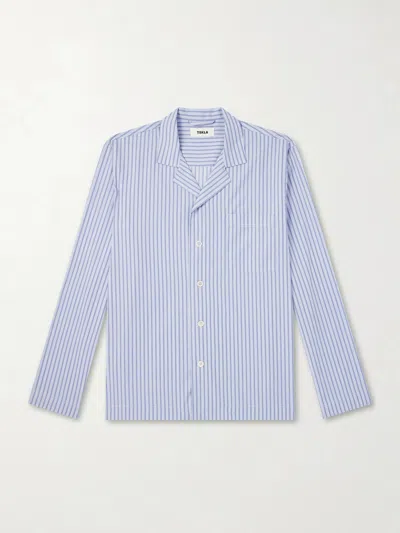 Tekla Camp-collar Striped Organic Cotton Pyjama Shirt In Blue