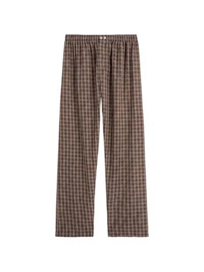 Tekla Serra-colored Cotton Pajama Pants With Check Pattern In Brown