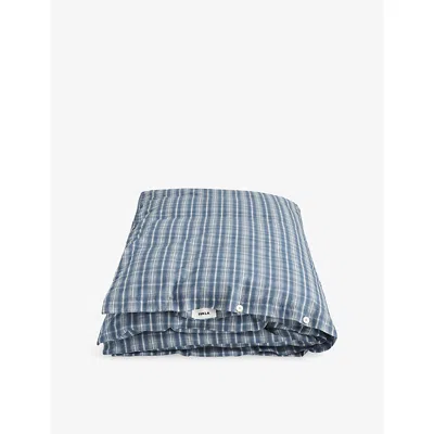 Tekla Douglas Checks Percale Checked Double Cotton Duvet Cover In Blue